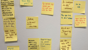 Handwritten sticky notes on a wall capturing reflections, commitments and ideas from a leadership team during a facilitated workshop