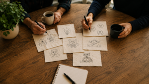 Two people sketching ideas together around a table covered with drawings and notes, collaborating in an informal creative discussion.