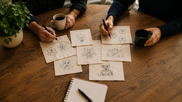 Two people sketching ideas together around a table covered with drawings and notes, collaborating in an informal creative discussion.
