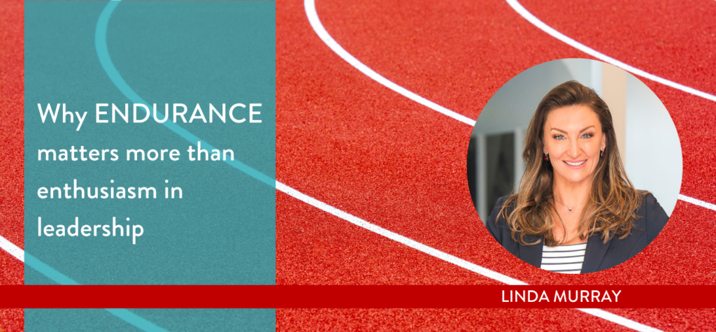 A running track with lane markings alongside a portrait of a business leader, representing endurance, resilience and sustained leadership performance.