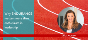 A running track with lane markings alongside a portrait of a business leader, representing endurance, resilience and sustained leadership performance.