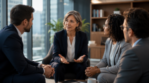 Senior leader speaking openly with colleagues during a small team discussion in an office