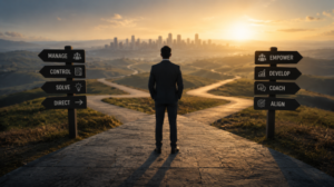 Business leader standing at a fork in the road between signs for managing and empowering leadership approaches