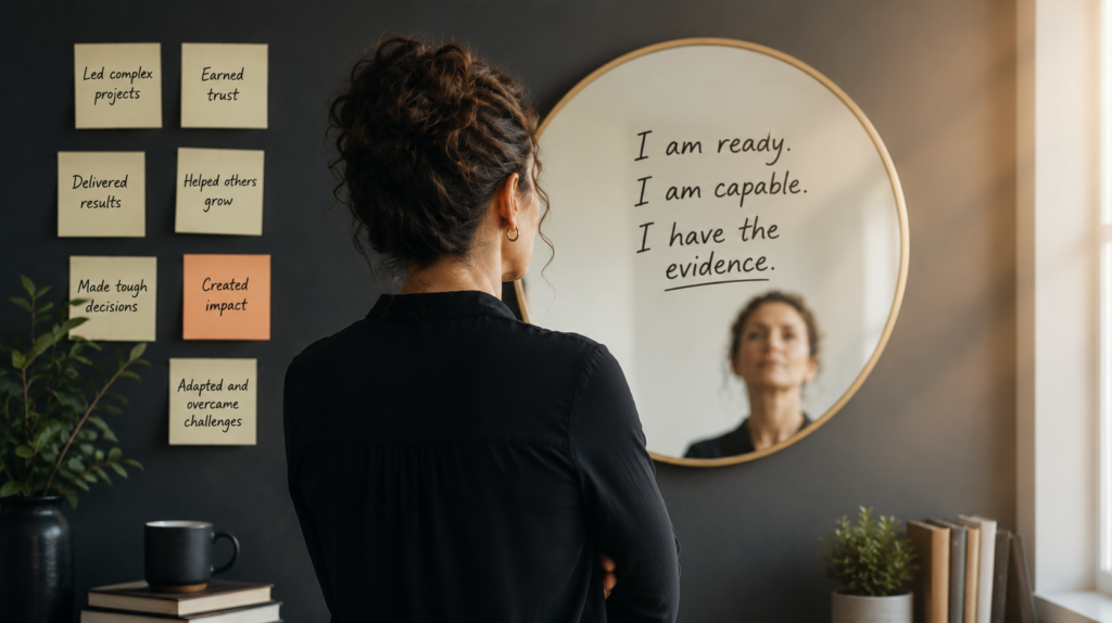 Professional looking into a mirror with achievement notes displayed nearby as a reminder of past successes and leadership experience