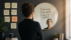 Professional looking into a mirror with achievement notes displayed nearby as a reminder of past successes and leadership experience