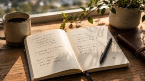 Open journal on a desk beside a coffee mug with handwritten reflections about leadership growth, learning and progress