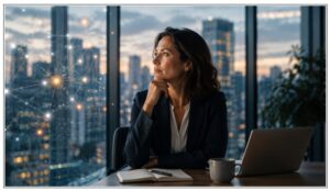 Business leader reflecting at a desk with a city skyline and digital network graphic representing AI and organisational change