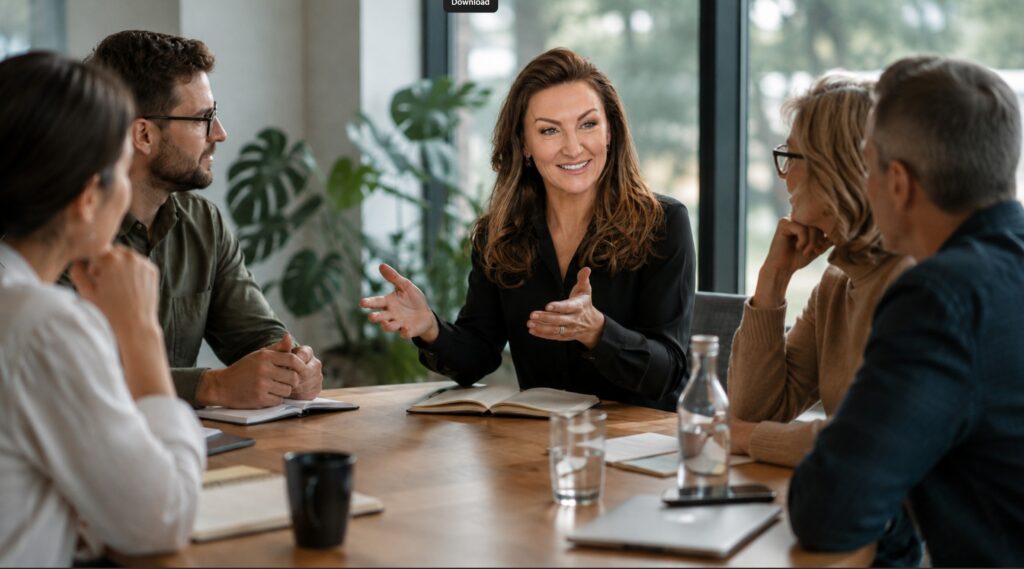 Leader facilitating a team discussion around a meeting table as colleagues listen and contribute