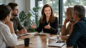 Leader facilitating a team discussion around a meeting table as colleagues listen and contribute