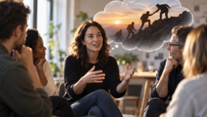 Leader sharing a story with colleagues, with an illustration of people helping each other climb a mountain representing a shared leadership journey