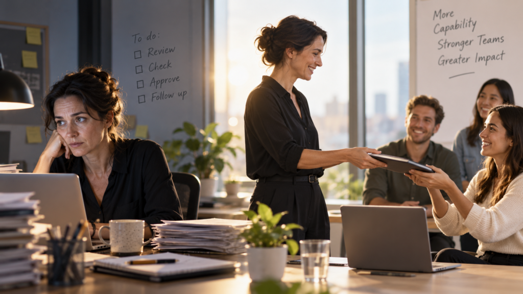 Leader handing ownership of work to a team member while another leader appears overloaded with reviews and approvals