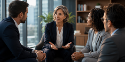 Senior leader speaking openly with colleagues during a small team discussion in an office