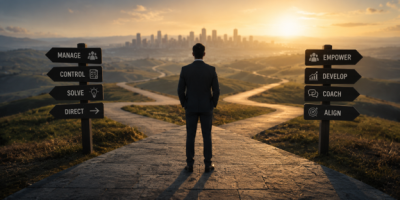 Business leader standing at a fork in the road between signs for managing and empowering leadership approaches