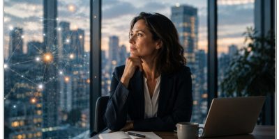 Business leader reflecting at a desk with a city skyline and digital network graphic representing AI and organisational change