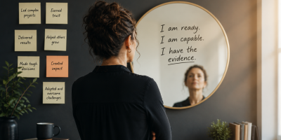 Professional looking into a mirror with achievement notes displayed nearby as a reminder of past successes and leadership experience