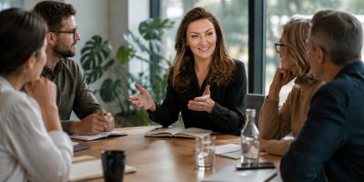 Leader facilitating a team discussion around a meeting table as colleagues listen and contribute