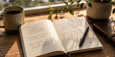 Open journal on a desk beside a coffee mug with handwritten reflections about leadership growth, learning and progress