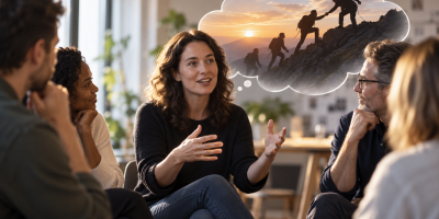 Leader sharing a story with colleagues, with an illustration of people helping each other climb a mountain representing a shared leadership journey