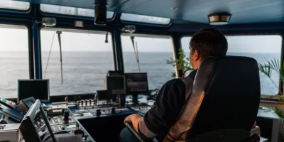 Marine navigational officer during navigational watch on Bridge . Work at sea